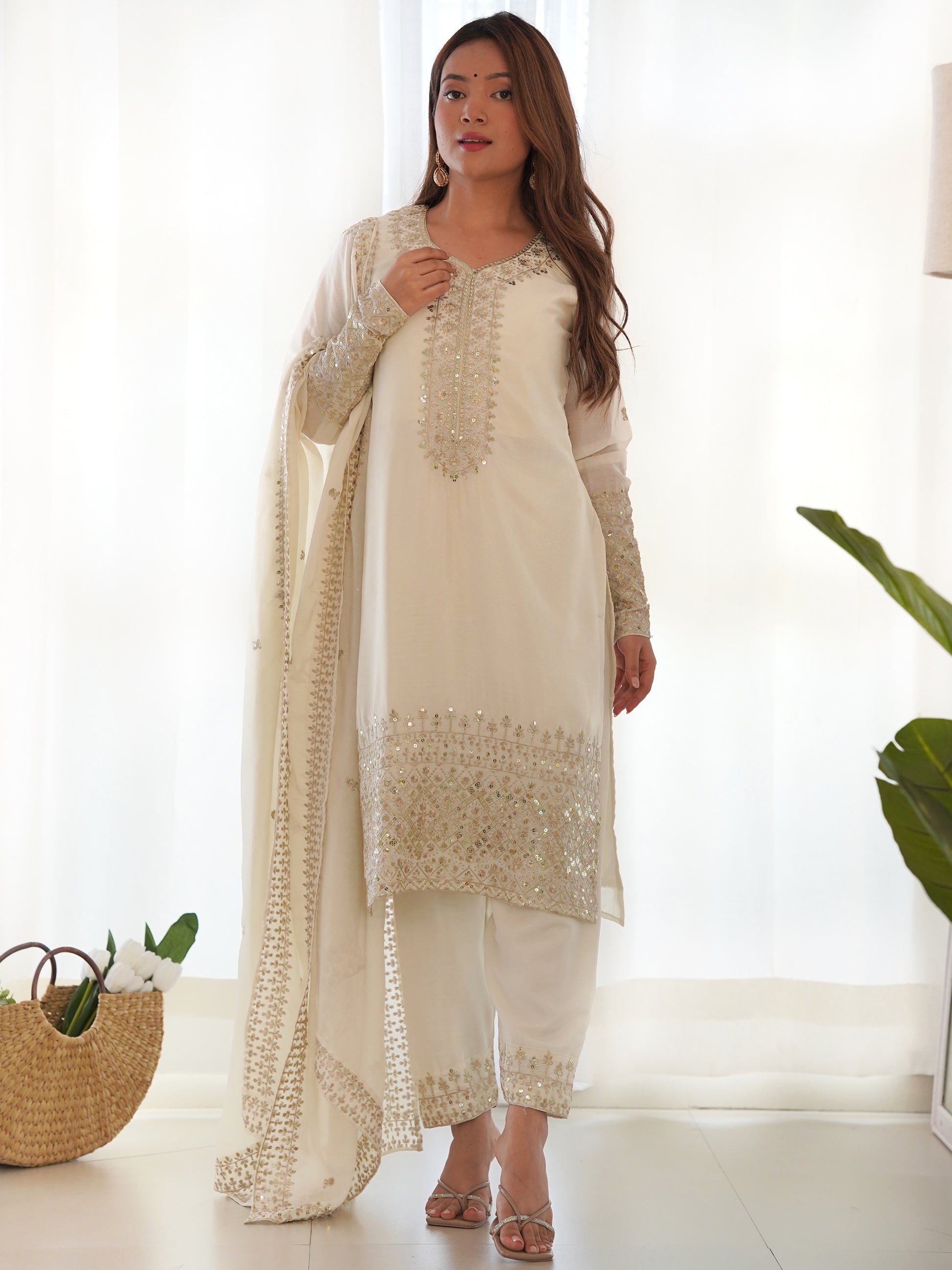 Adorable White Sequins Chinon Silk Eid Special Pant Suit