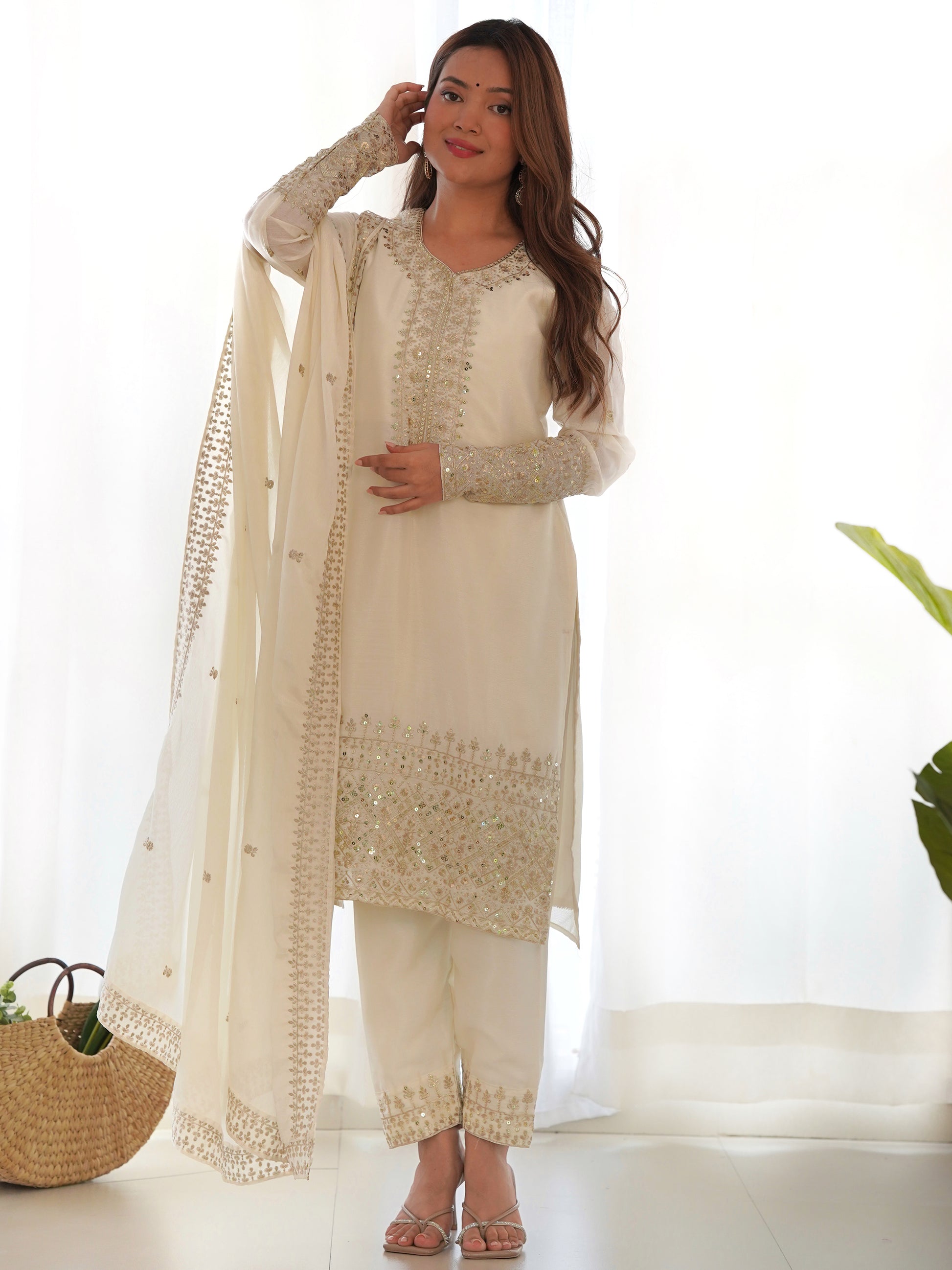 Adorable White Sequins Chinon Silk Eid Special Pant Suit
