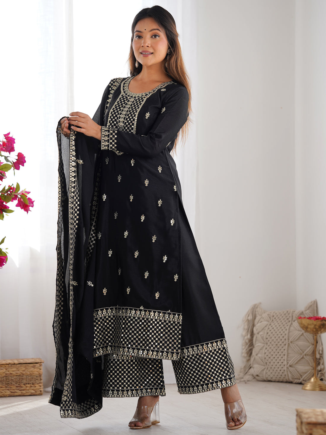 Outstanding Black Sequins Chinon Event Wear Palazzo Suit With Dupatta