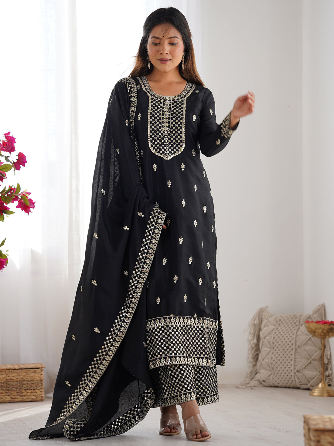 Outstanding Black Sequins Chinon Event Wear Palazzo Suit With Dupatta