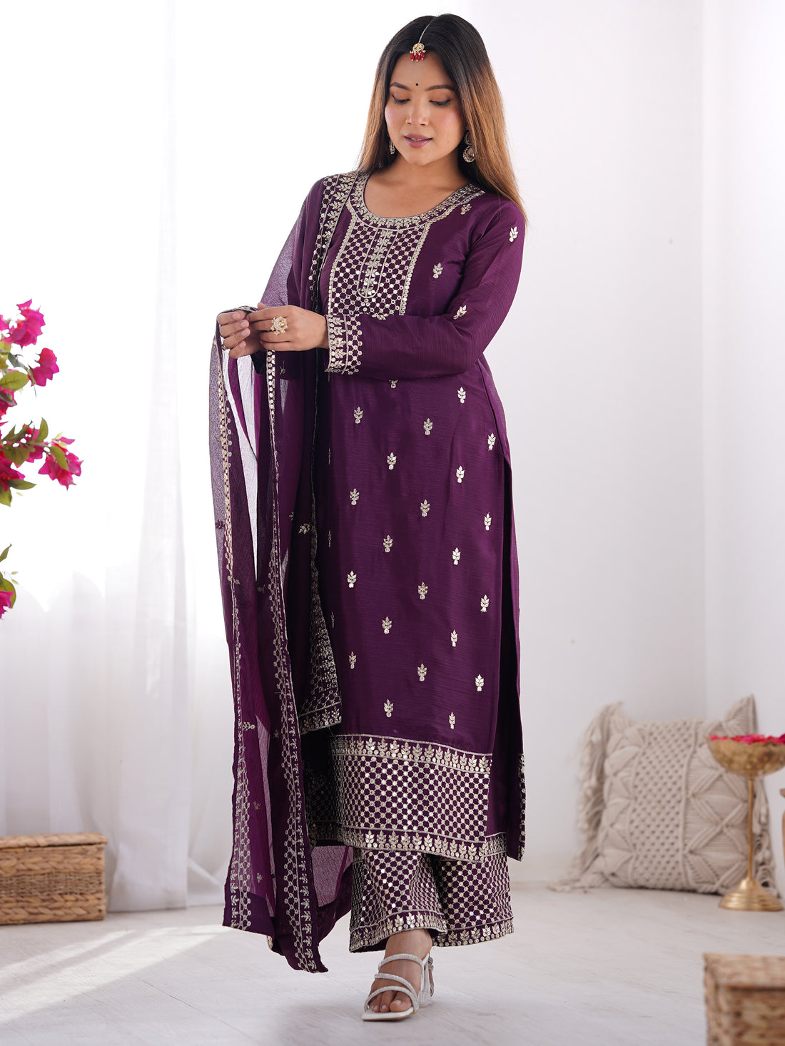 Fabulous Purple Zari Work Chinon Reception Wear Palazzo Suit
