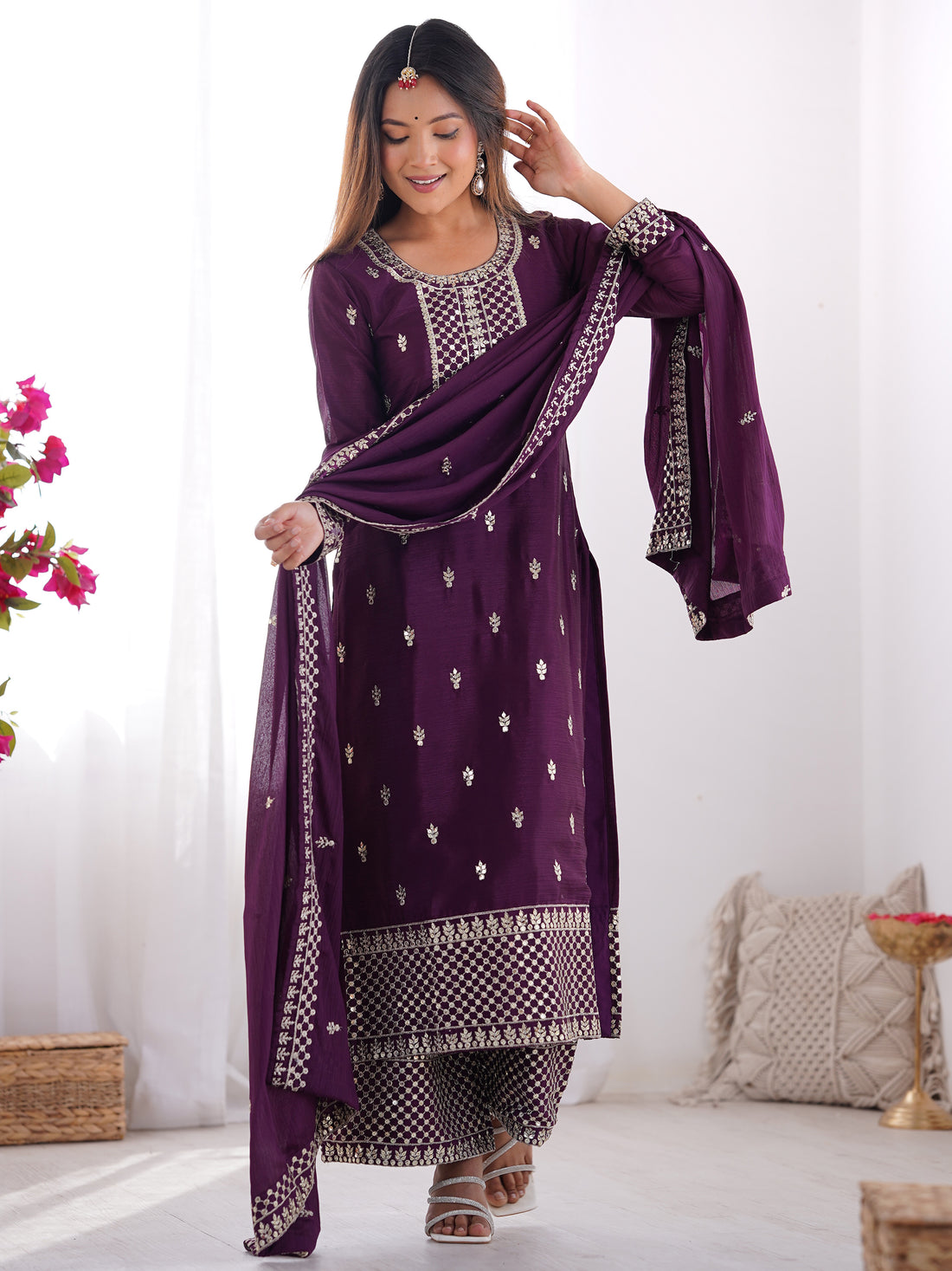 Fabulous Purple Zari Work Chinon Reception Wear Palazzo Suit
