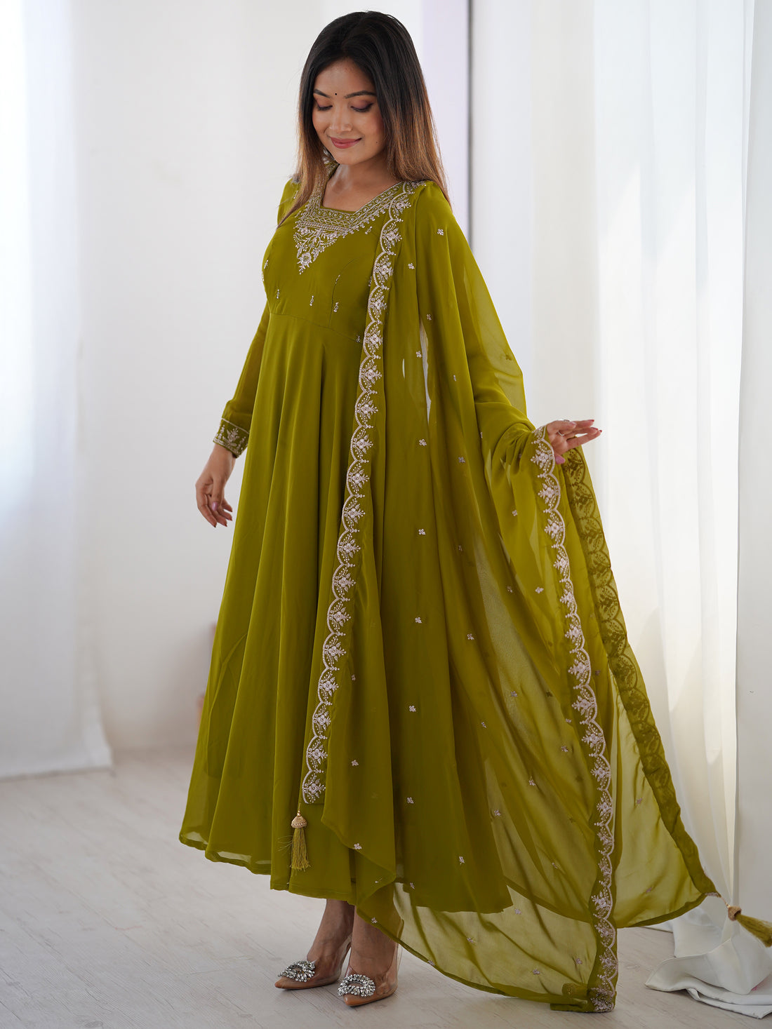 Stunning Olive Green Zari Work Georgette Mehendi Wear Pant Suit