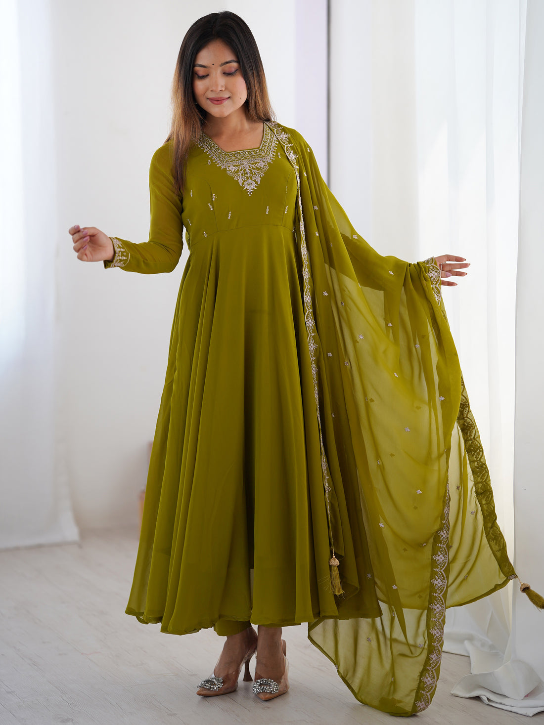 Stunning Olive Green Zari Work Georgette Mehendi Wear Pant Suit
