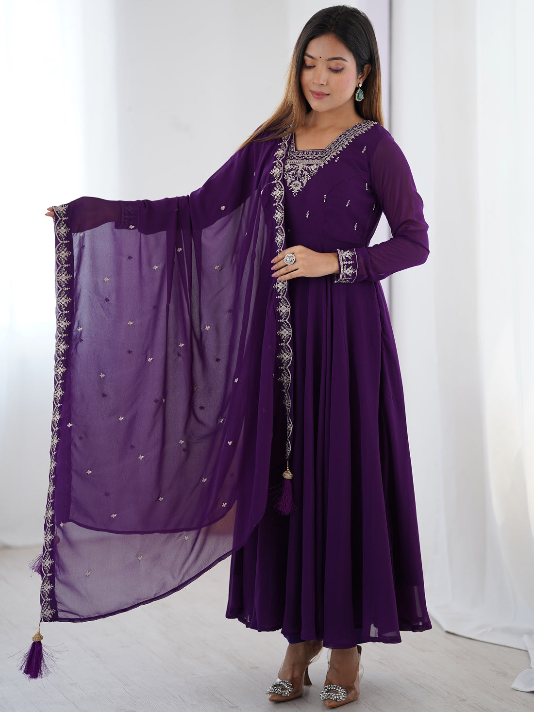 Pretty Purple Zari Work Georgette Event Wear Pant Suit With Dupatta