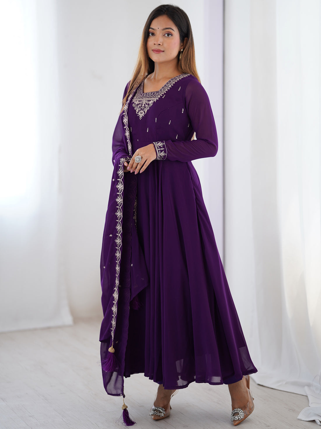 Pretty Purple Zari Work Georgette Event Wear Pant Suit With Dupatta