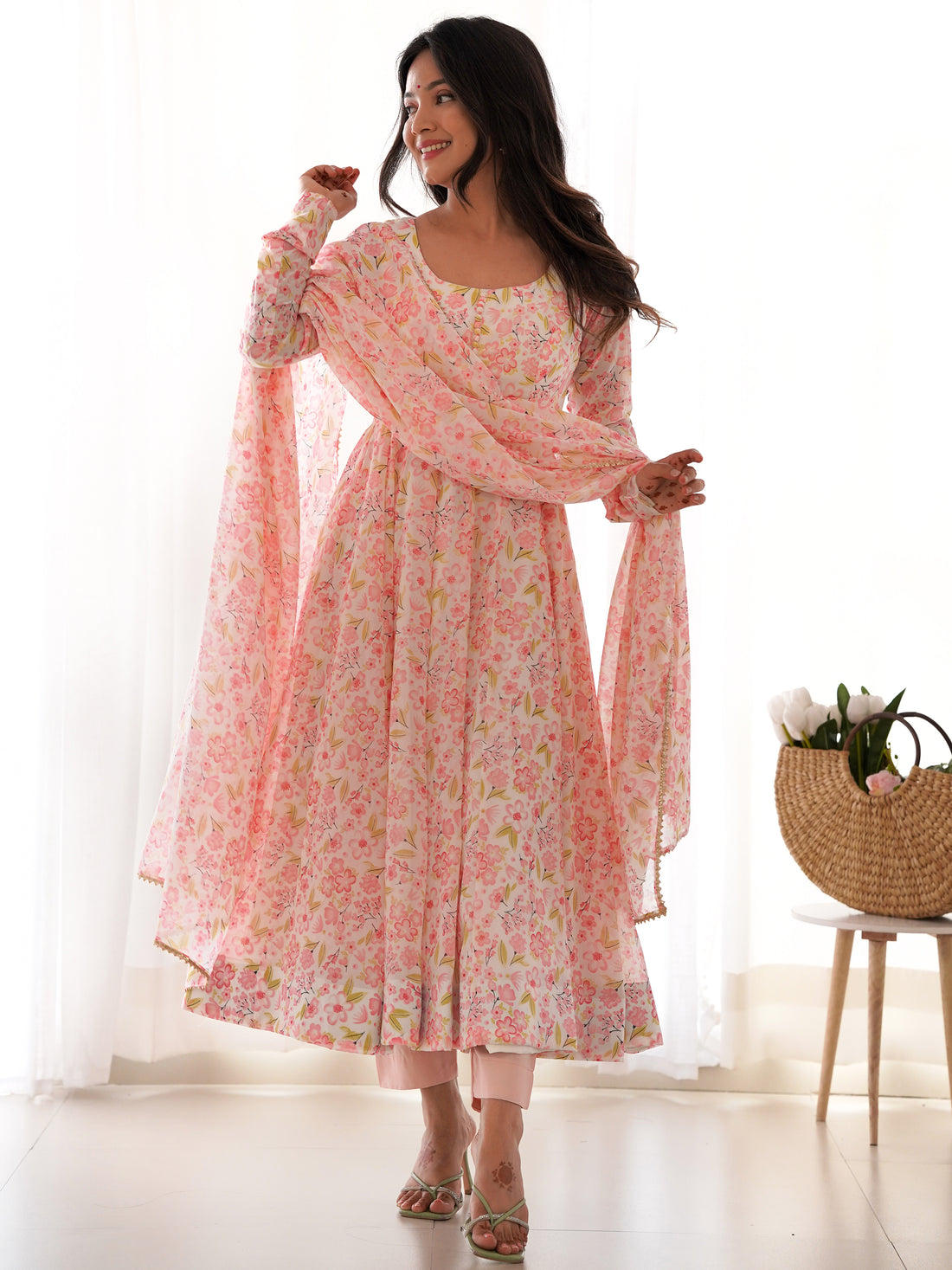 Dazzling White Floral Printed Chiffon Casual Wear Pant Suit With Dupatta