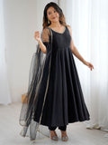 Lovable Black Chanderi Silk Anarkali Suit With Lace Work Dupatta