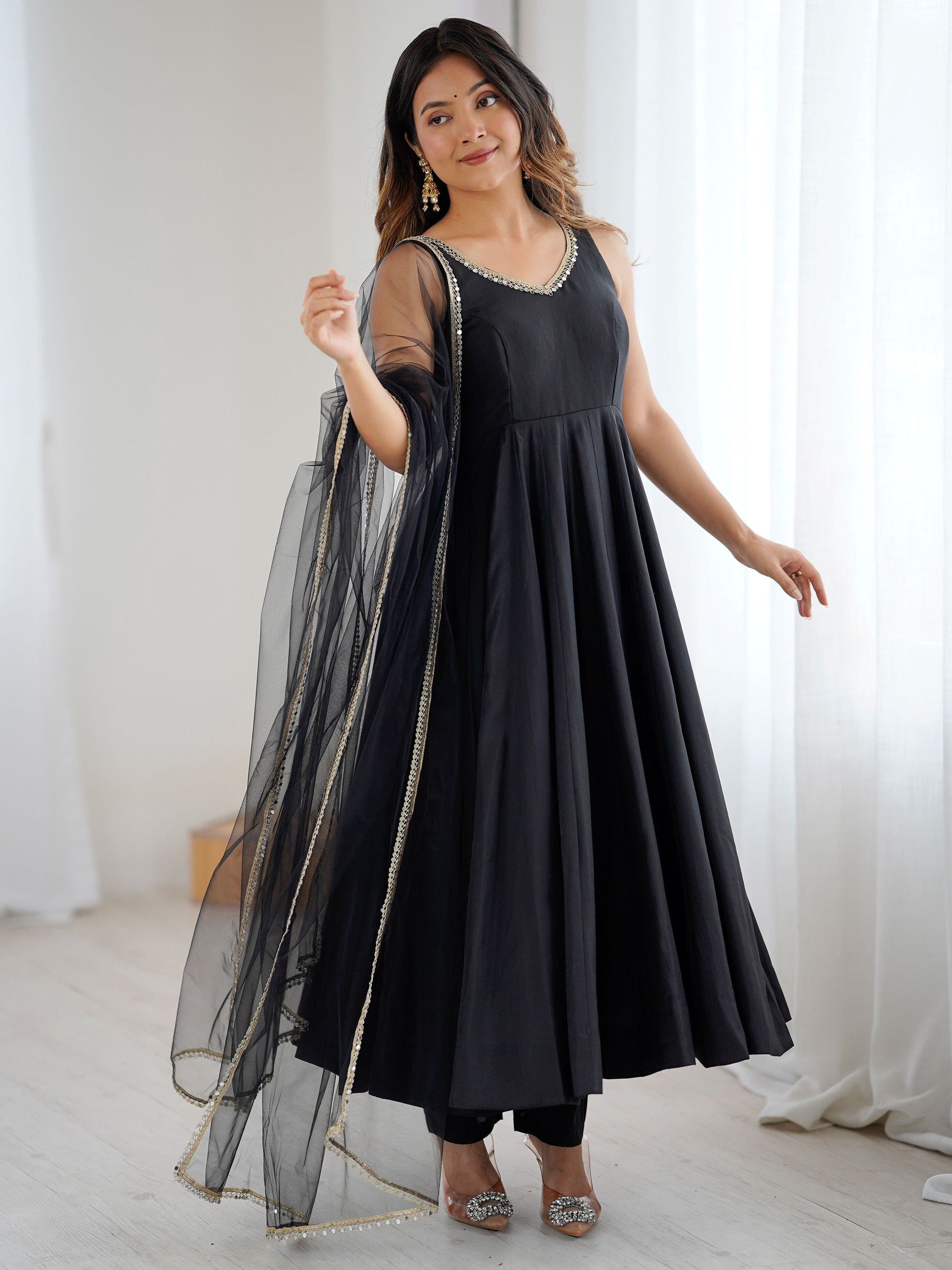 Lovable Black Chanderi Silk Anarkali Suit With Lace Work Dupatta