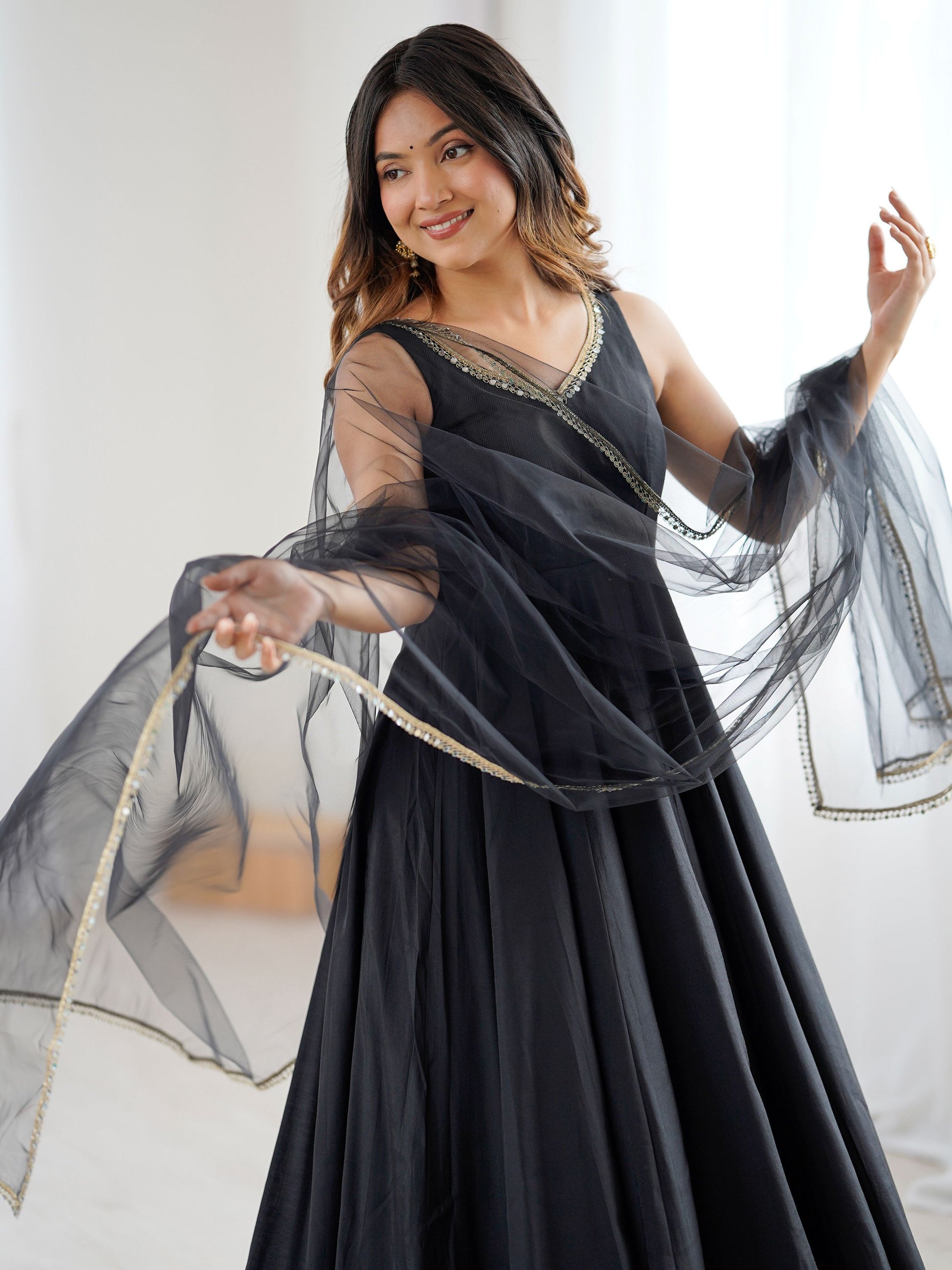 Lovable Black Chanderi Silk Anarkali Suit With Lace Work Dupatta