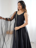 Lovable Black Chanderi Silk Anarkali Suit With Lace Work Dupatta