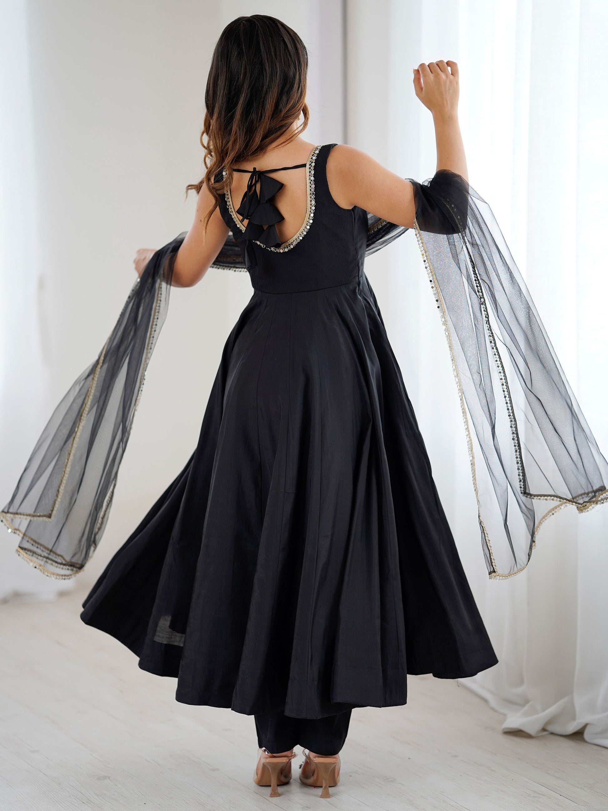 Lovable Black Chanderi Silk Anarkali Suit With Lace Work Dupatta