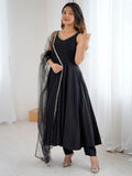 Lovable Black Chanderi Silk Anarkali Suit With Lace Work Dupatta
