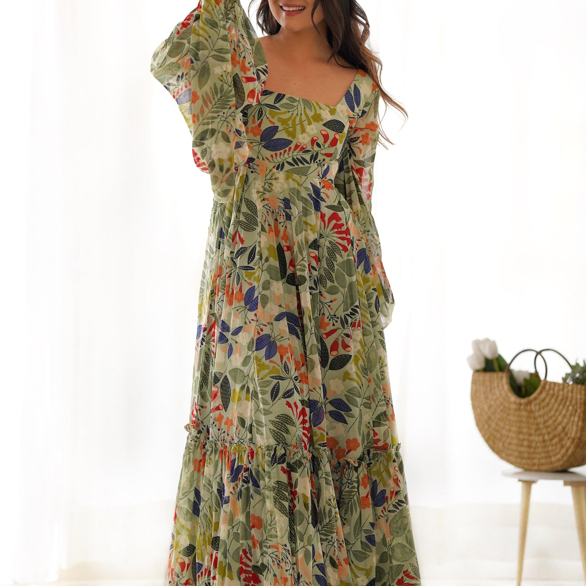 Outstanding Green Digital Printed Georgette Event Wear Gown