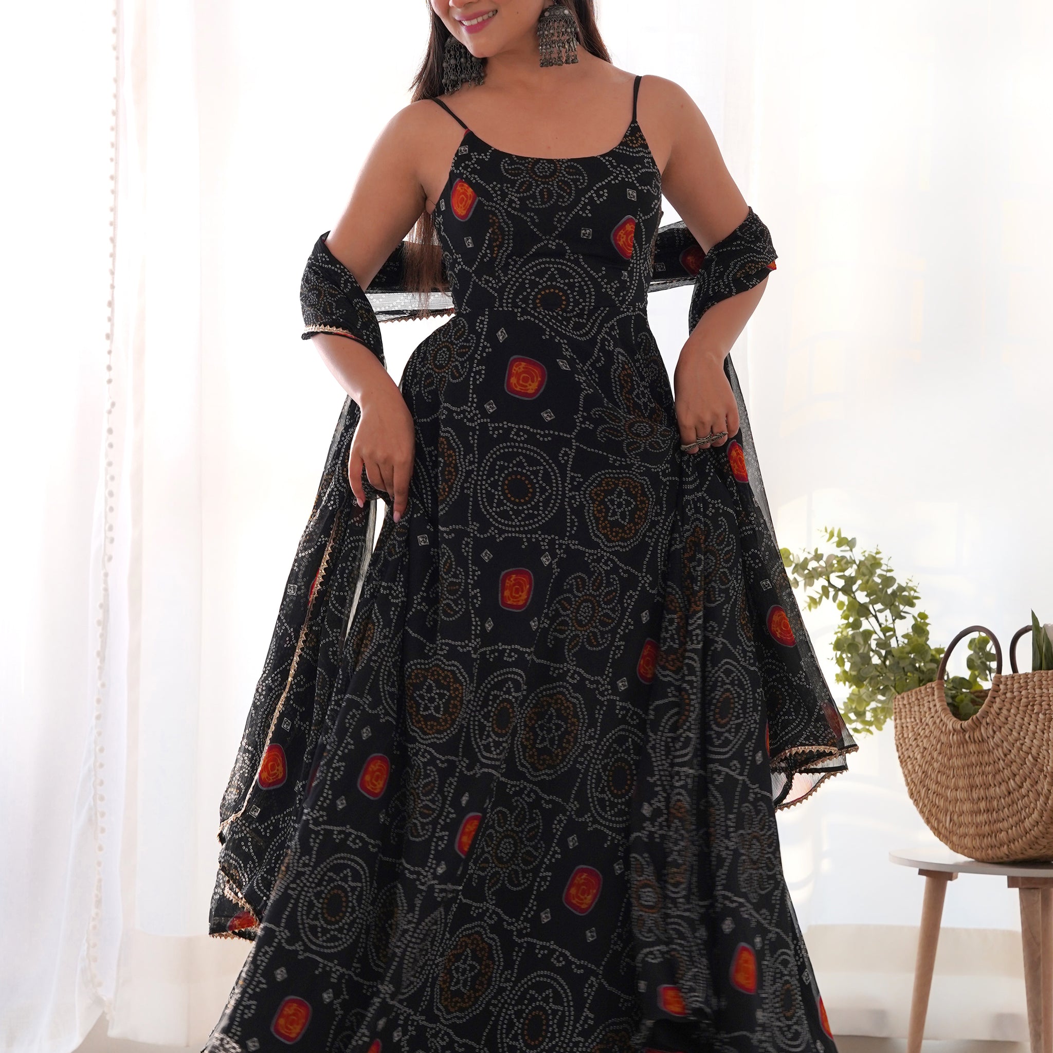 Captivating Black Bandhani Printed Chiffon Gown With Dupatta