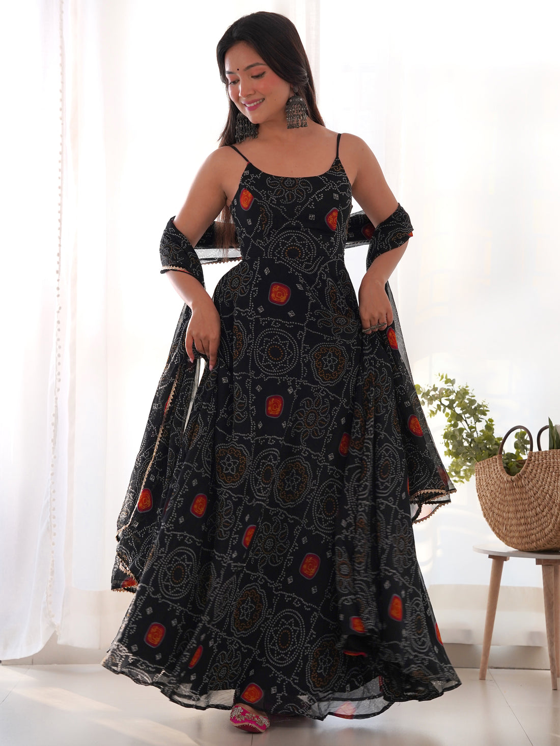 Captivating Black Bandhani Printed Chiffon Gown With Dupatta