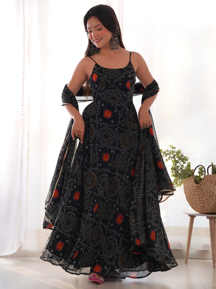 Captivating Black Bandhani Printed Chiffon Gown With Dupatta