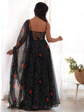 Captivating Black Bandhani Printed Chiffon Gown With Dupatta