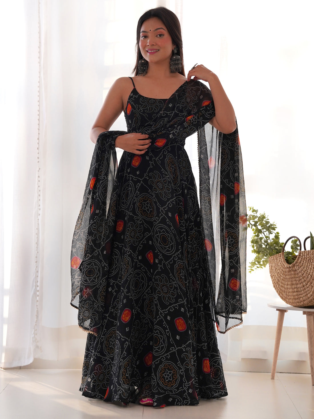 Captivating Black Bandhani Printed Chiffon Gown With Dupatta