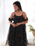Captivating Black Bandhani Printed Chiffon Gown With Dupatta