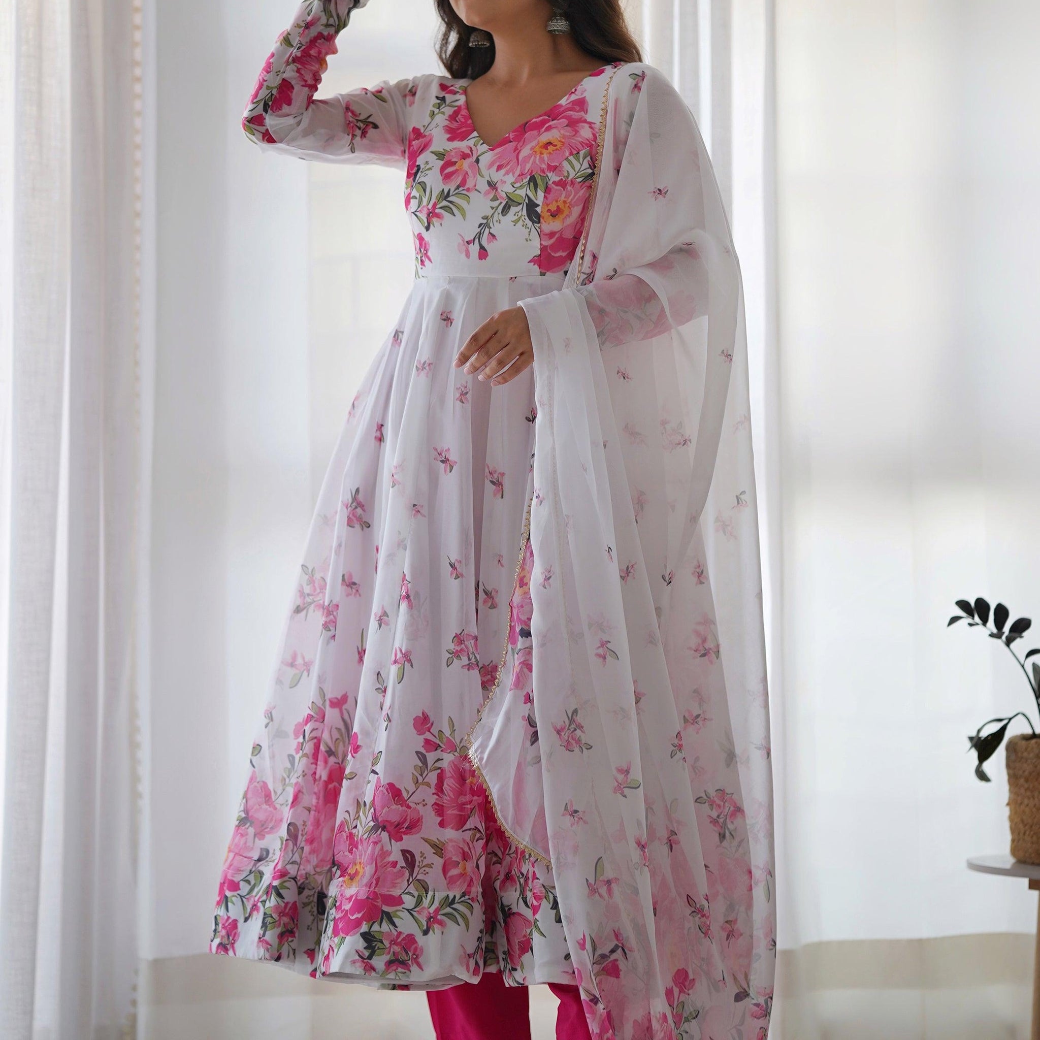 Beautiful White Floral Printed Organza Festival Wear Anarkali Suit