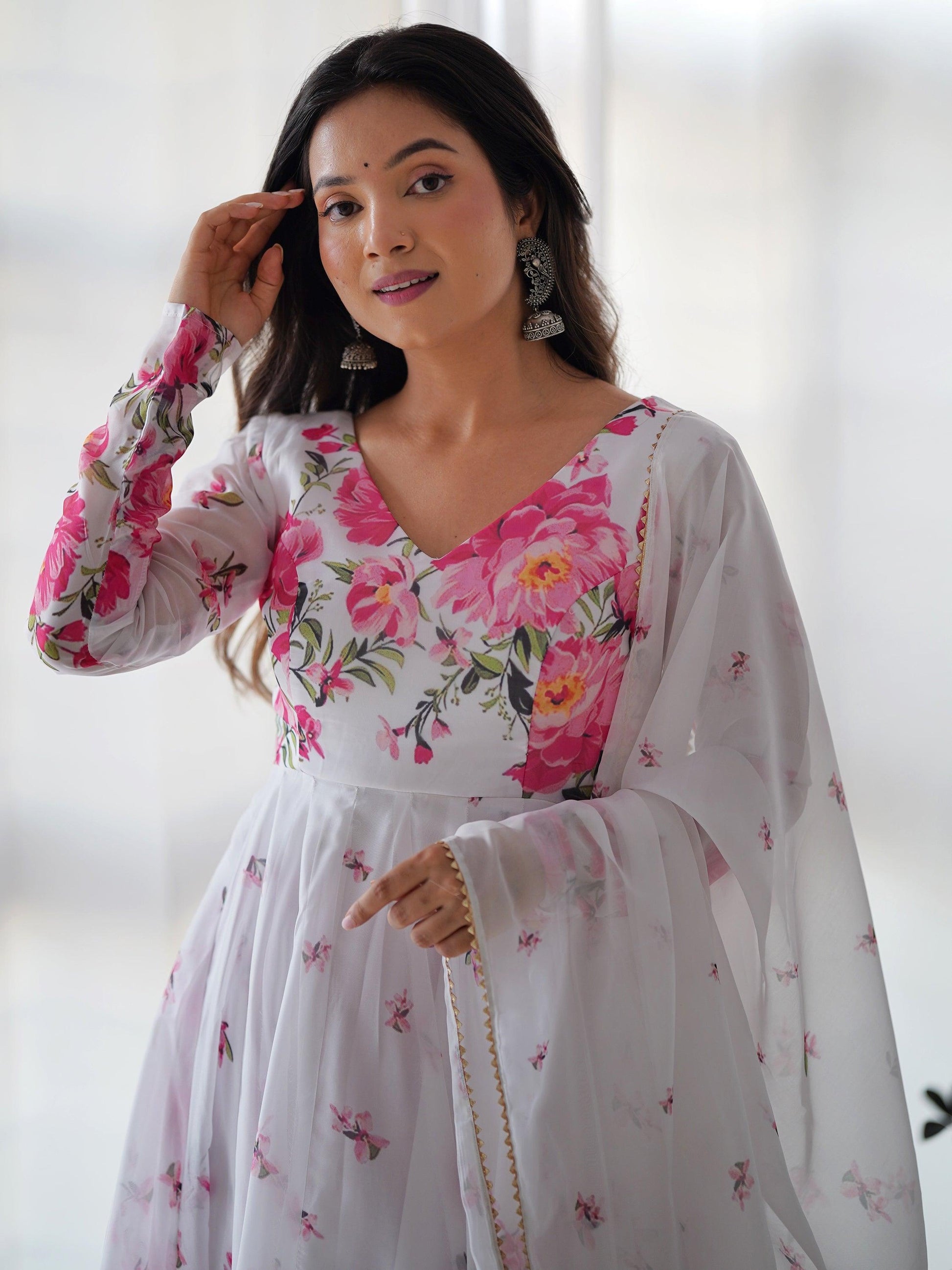 Beautiful White Floral Printed Organza Festival Wear Anarkali Suit