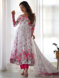 Beautiful White Floral Printed Organza Festival Wear Anarkali Suit