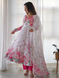Beautiful White Floral Printed Organza Festival Wear Anarkali Suit
