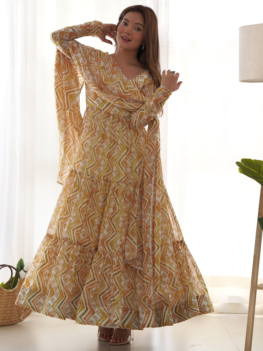 Fascinating Off-White Digital Printed Georgette Traditional Anarkali Suit
