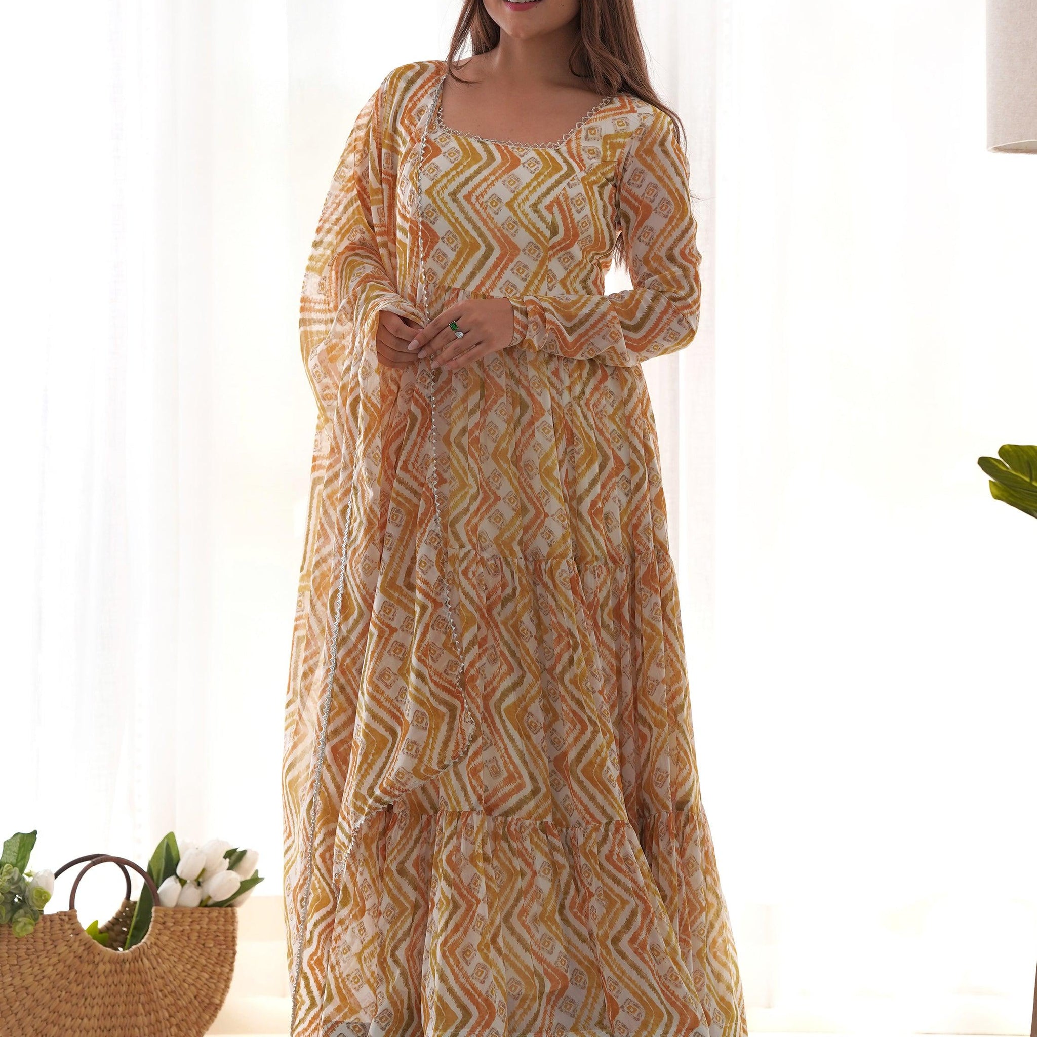 Fascinating Off-White Digital Printed Georgette Traditional Anarkali Suit
