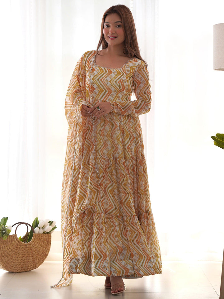 Fascinating Off-White Digital Printed Georgette Traditional Anarkali Suit
