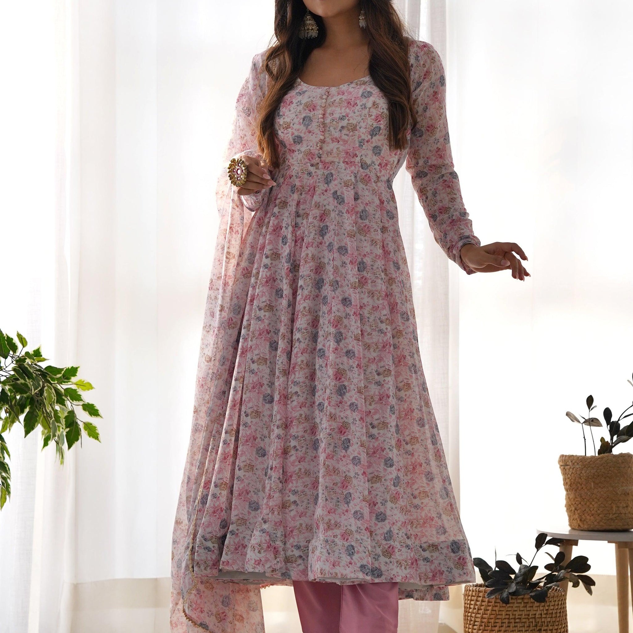 Precious Pink Digital Printed Chiffon Anarkali Suit With Dupatta