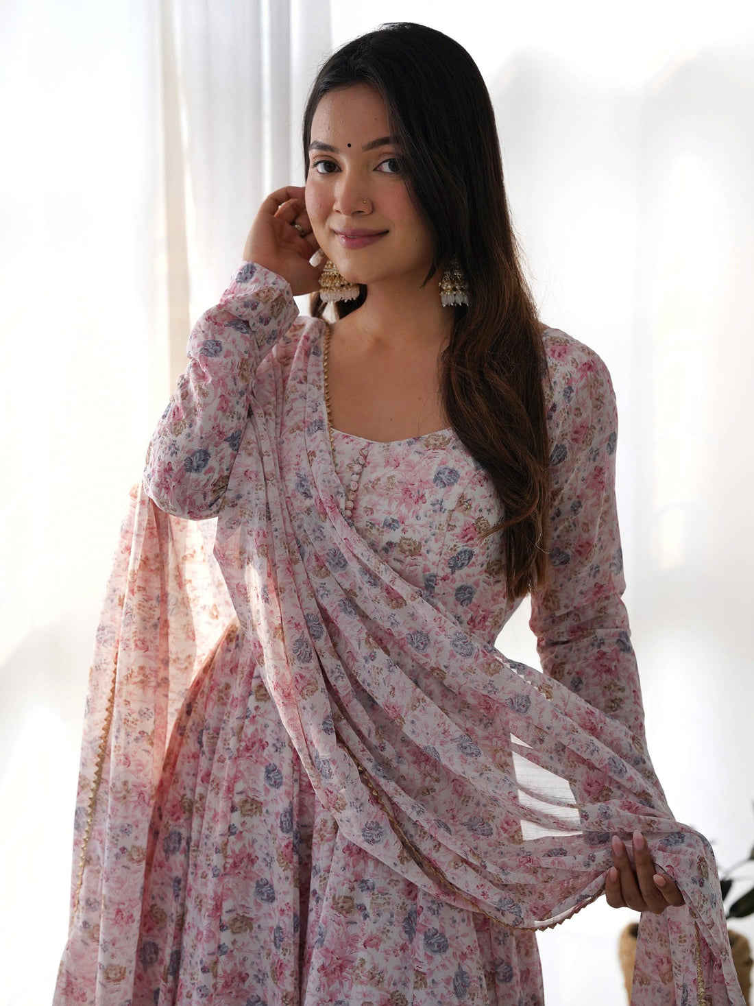 Precious Pink Digital Printed Chiffon Anarkali Suit With Dupatta