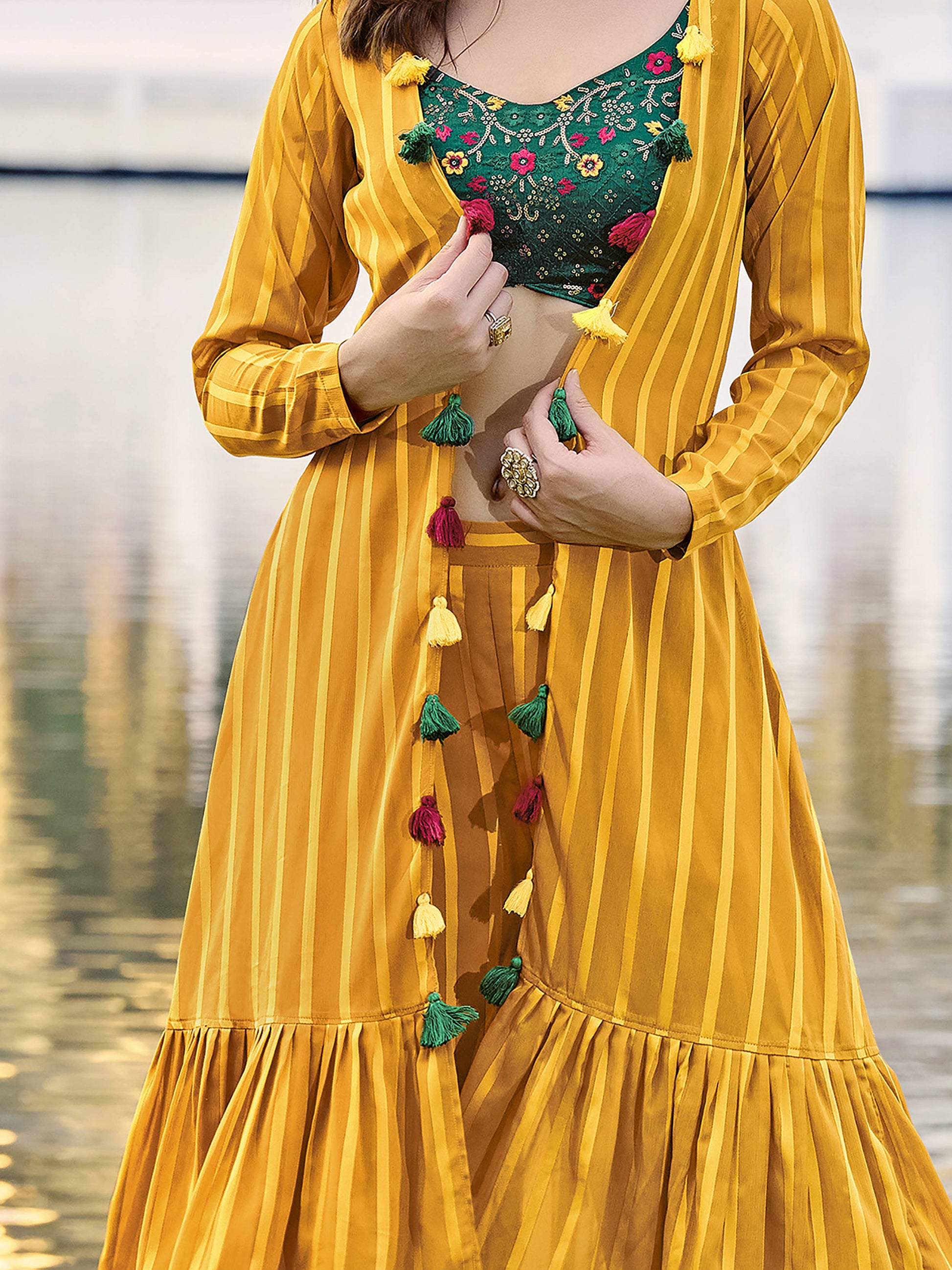 Attractive Yellow Embroidered Georgette Palazzo Suit With Jacket