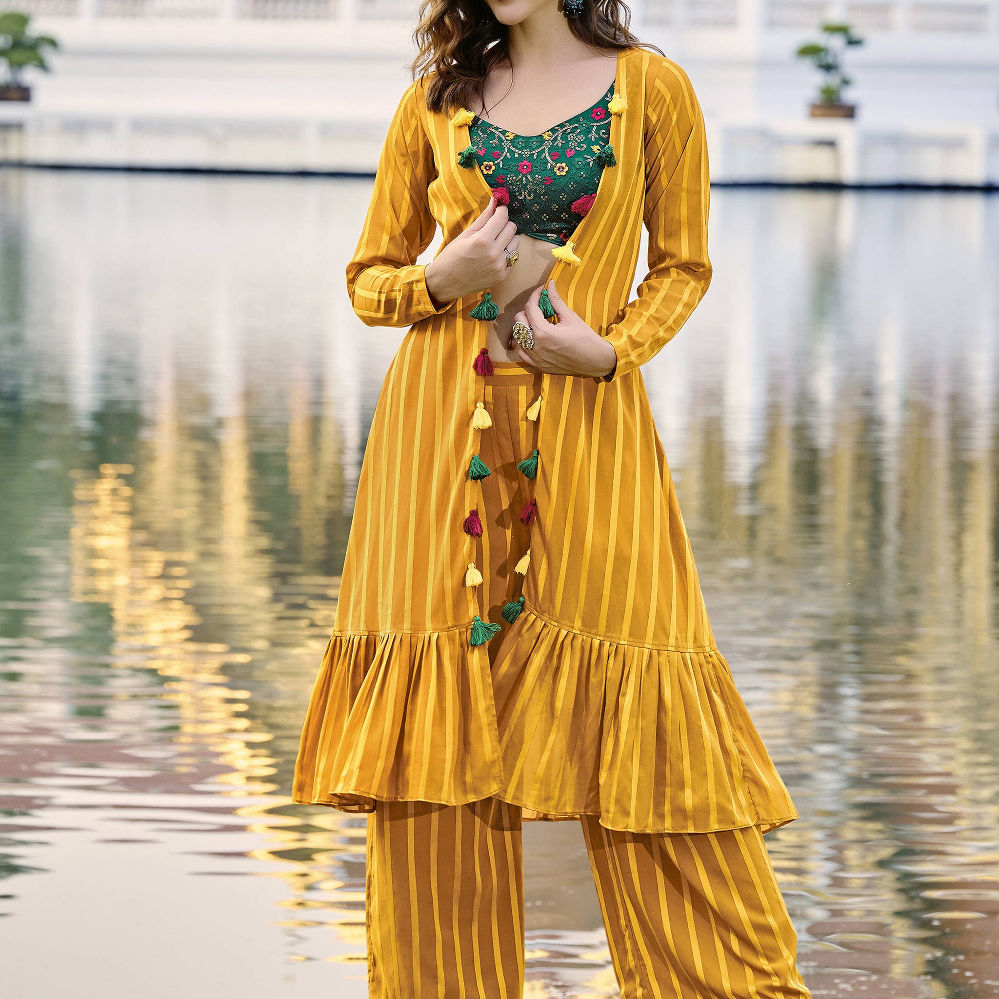 Attractive Yellow Embroidered Georgette Palazzo Suit With Jacket