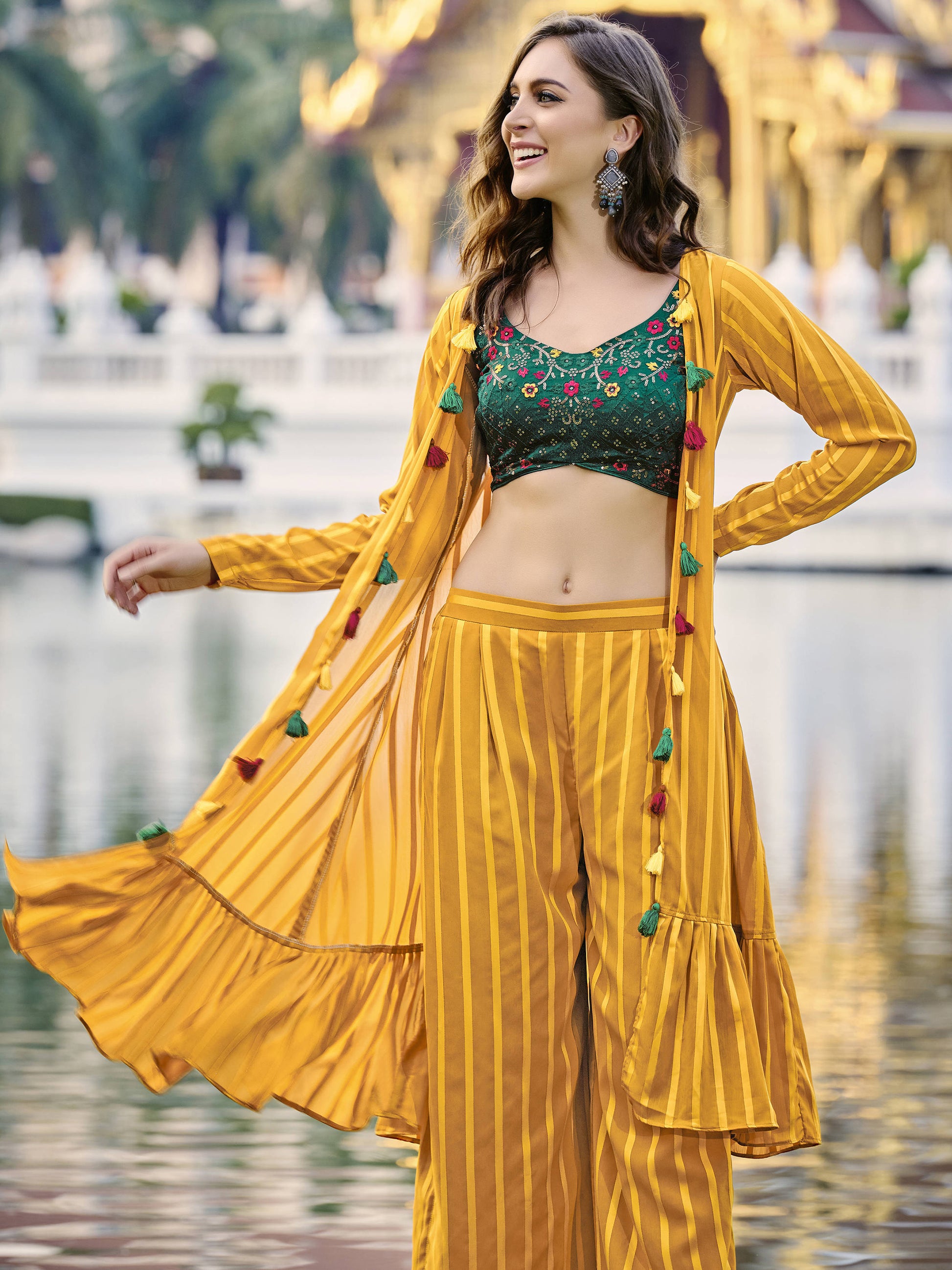 Attractive Yellow Embroidered Georgette Palazzo Suit With Jacket