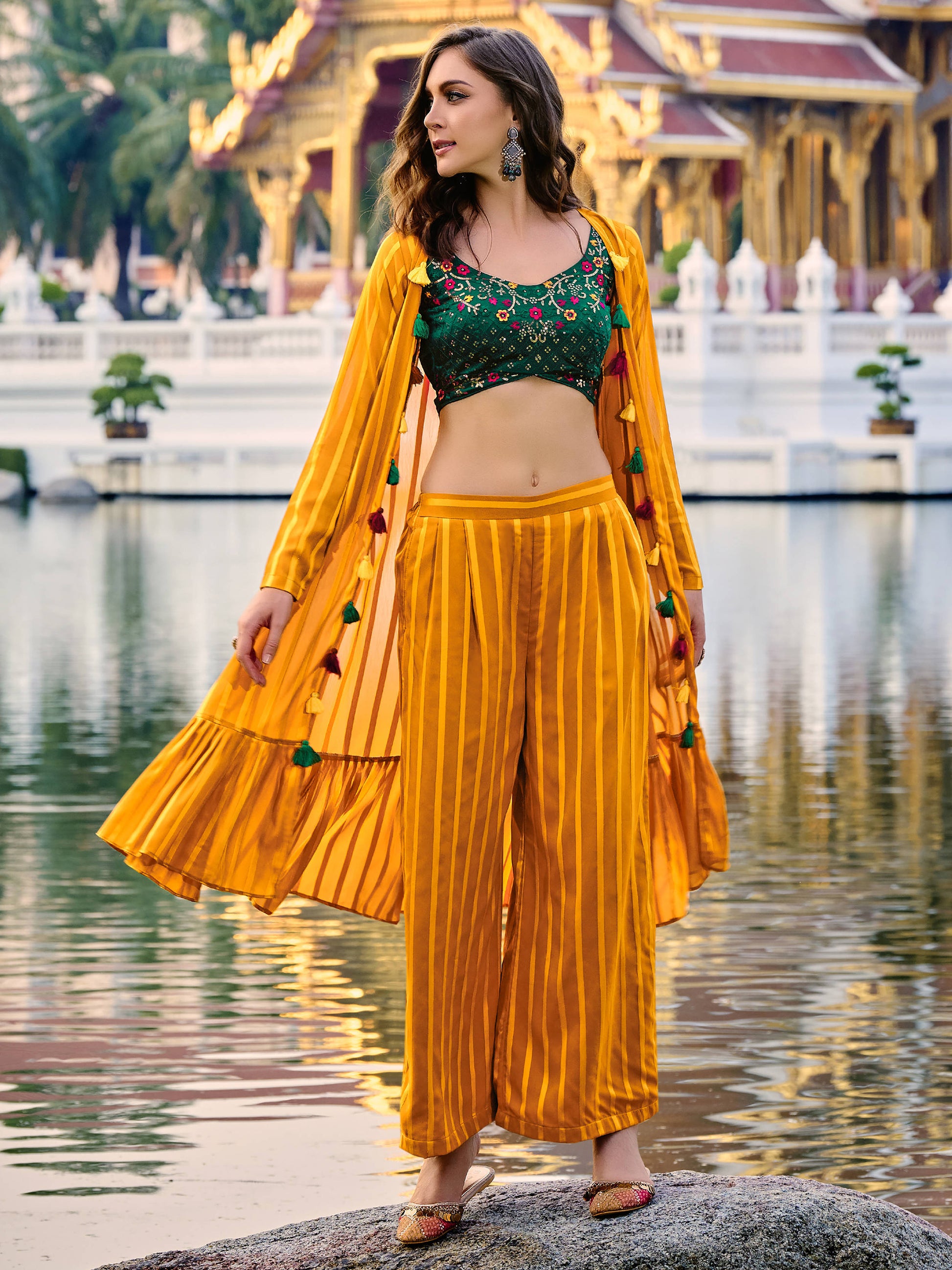 Attractive Yellow Embroidered Georgette Palazzo Suit With Jacket