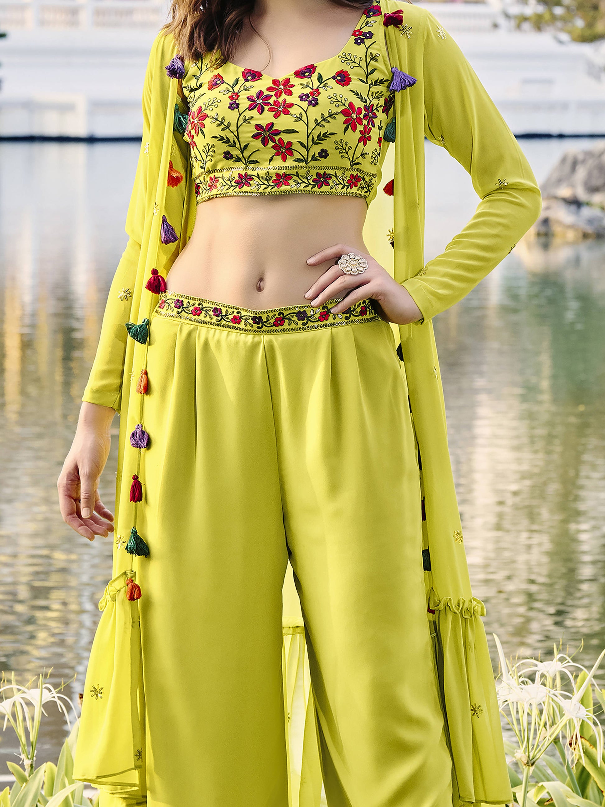 Stunning Light Green Embroidered Georgette Palazzo Suit With Jacket