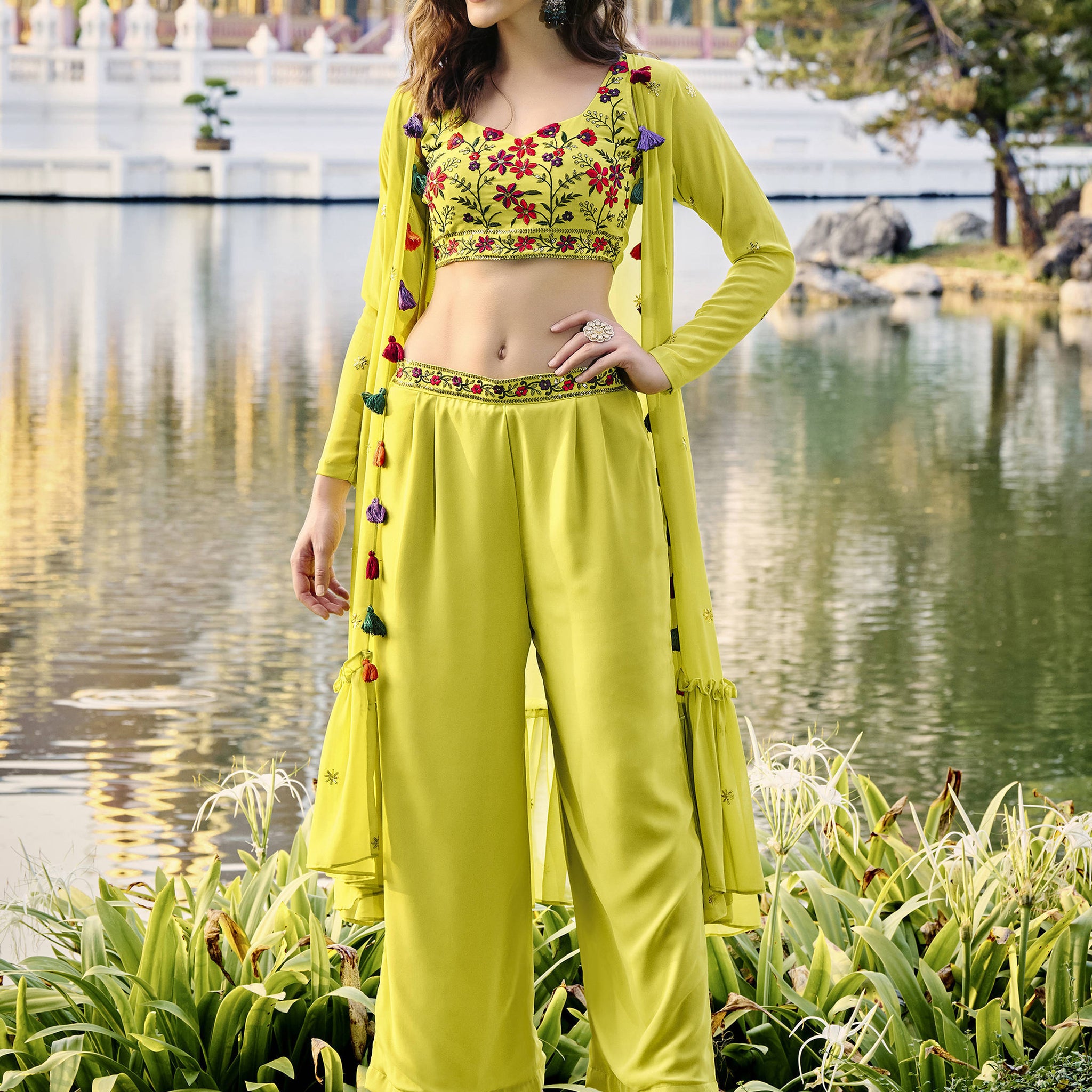 Stunning Light Green Embroidered Georgette Palazzo Suit With Jacket