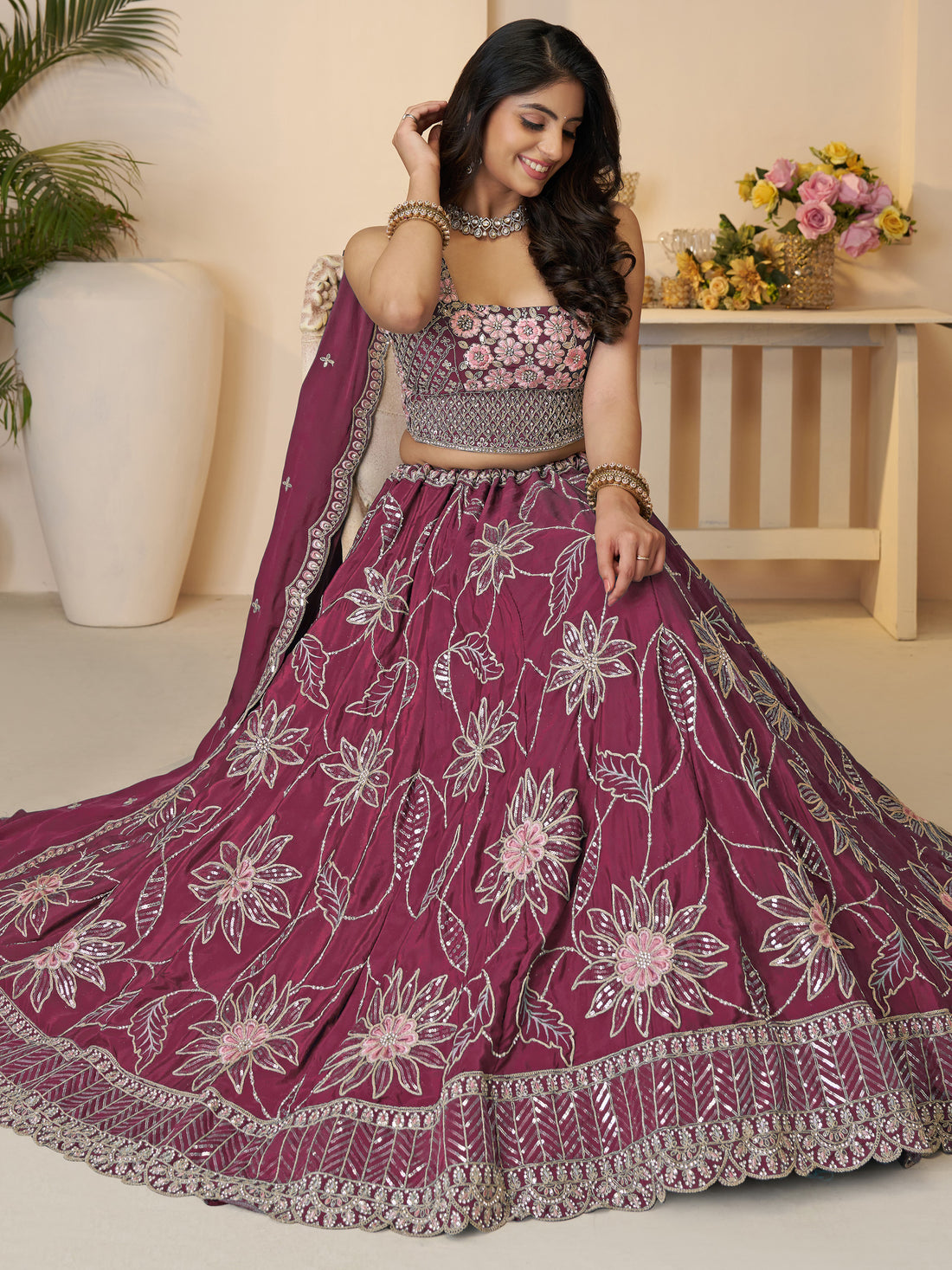 Alluring Maroon Thread Work Satin Bridesmaid Lehenga Choli