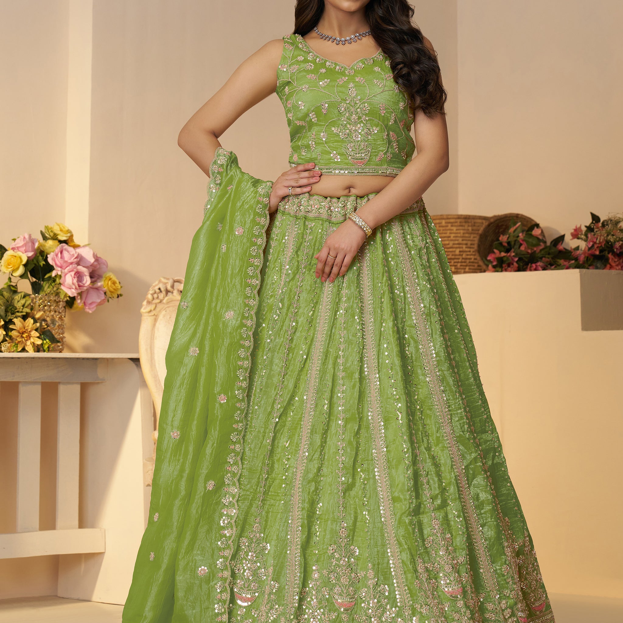 Dazzling Green Sequins Work Silk Wedding Lehenga Choli With Dupatta