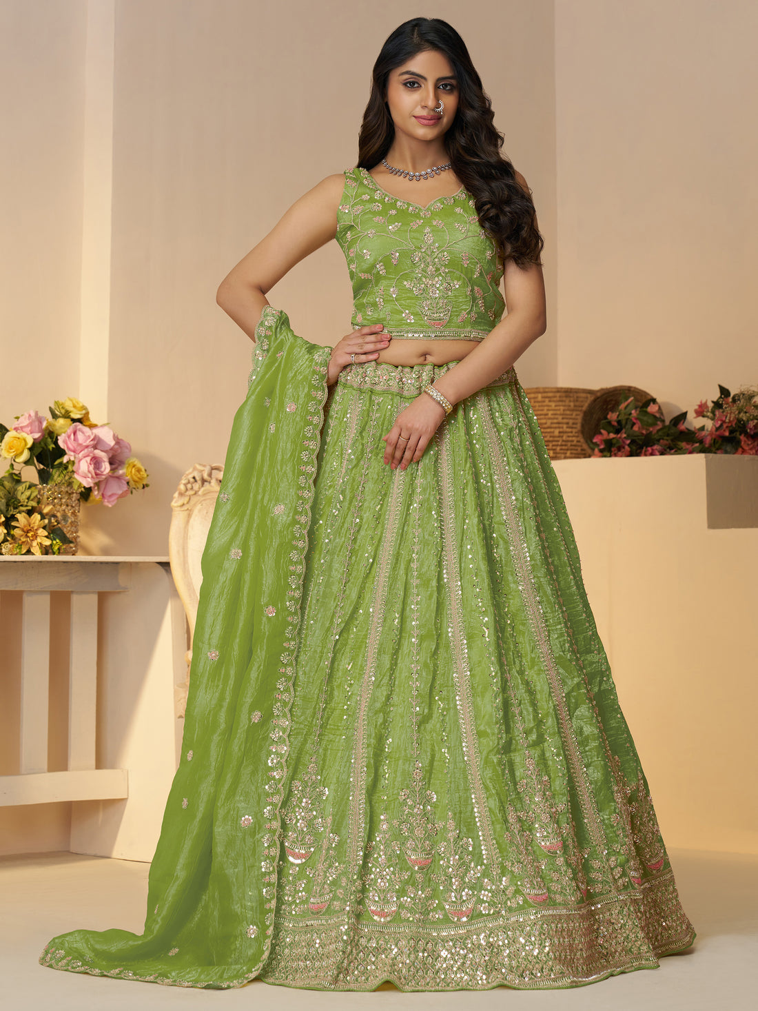 Dazzling Green Sequins Work Silk Wedding Lehenga Choli With Dupatta