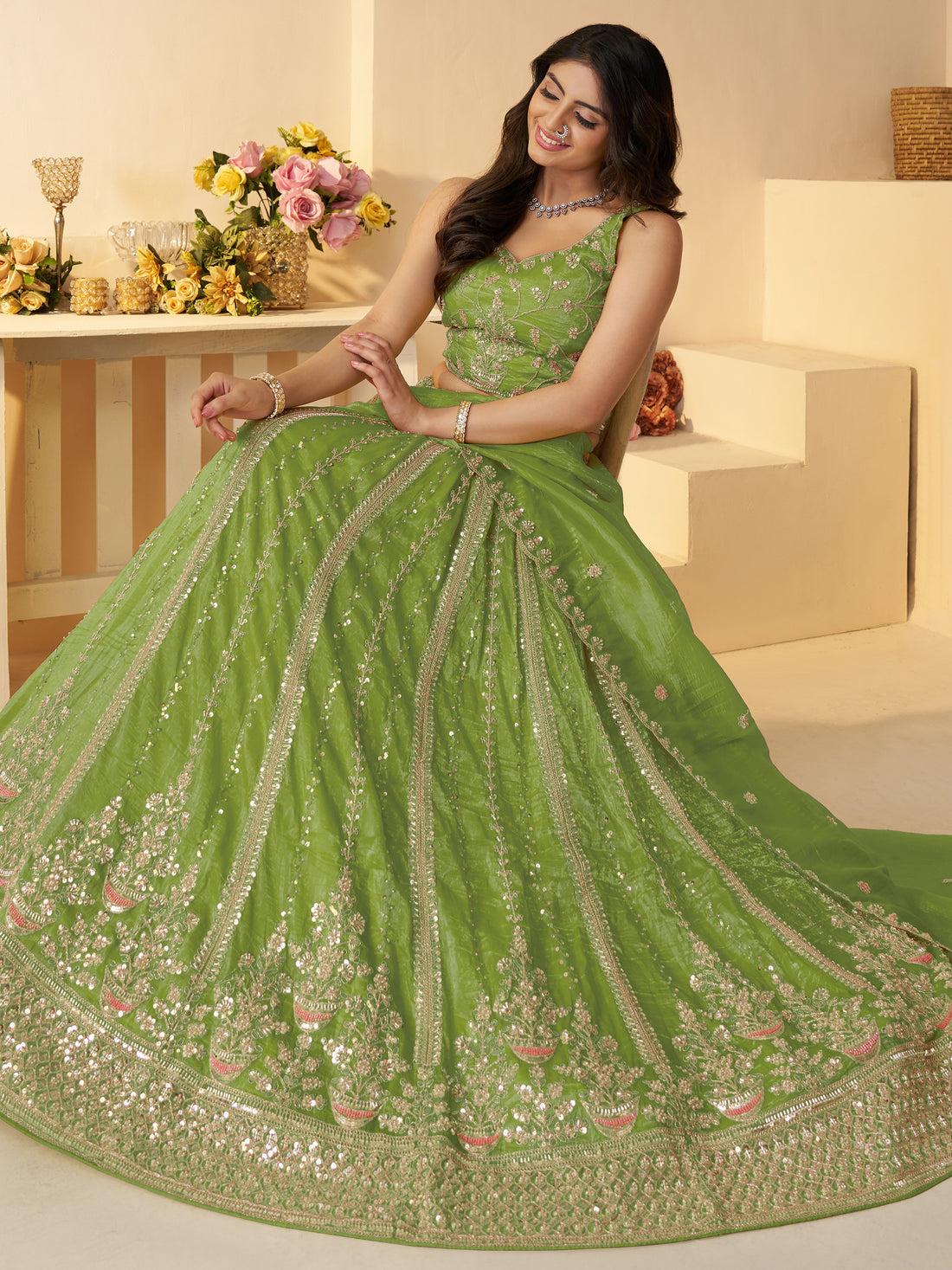 Dazzling Green Sequins Work Silk Wedding Lehenga Choli With Dupatta