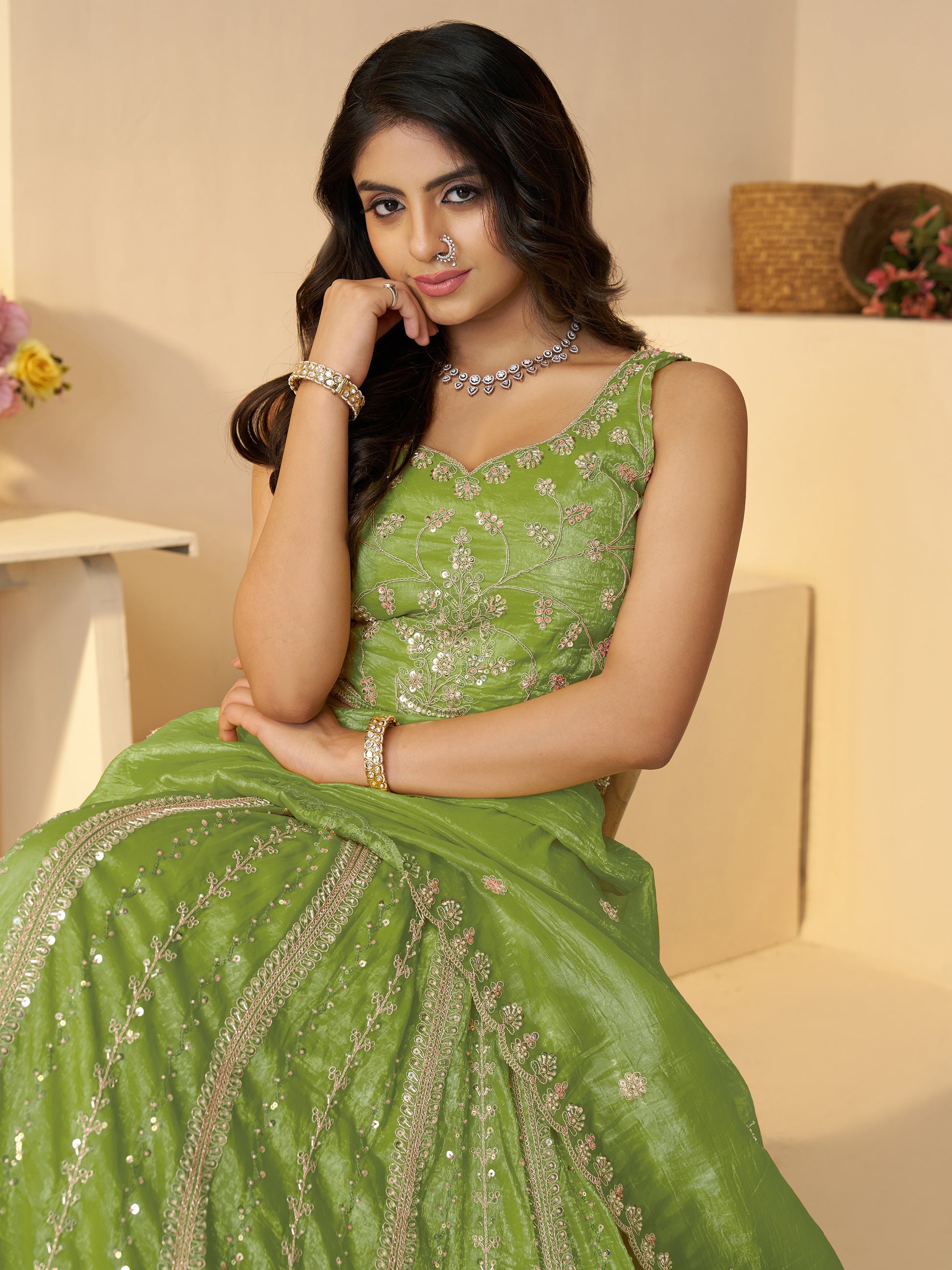 Dazzling Green Sequins Work Silk Wedding Lehenga Choli With Dupatta