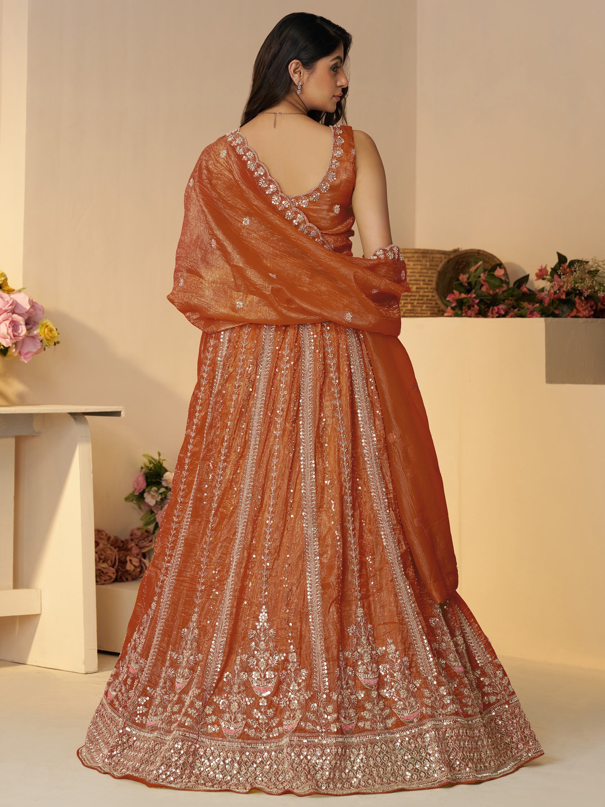 Fabulous Orange Zari Work Silk Engagement Wear Lehenga Choli