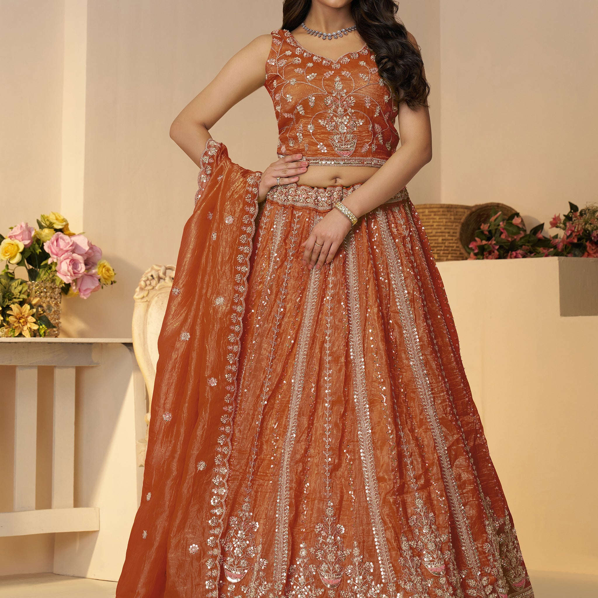 Fabulous Orange Zari Work Silk Engagement Wear Lehenga Choli