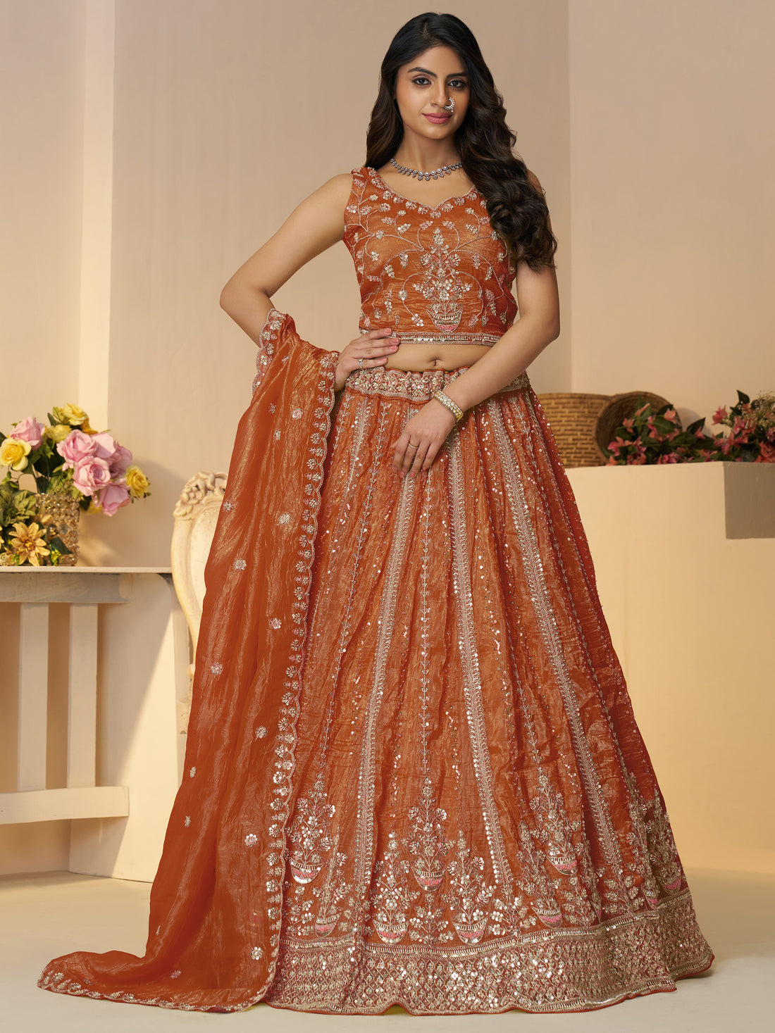 Fabulous Orange Zari Work Silk Engagement Wear Lehenga Choli
