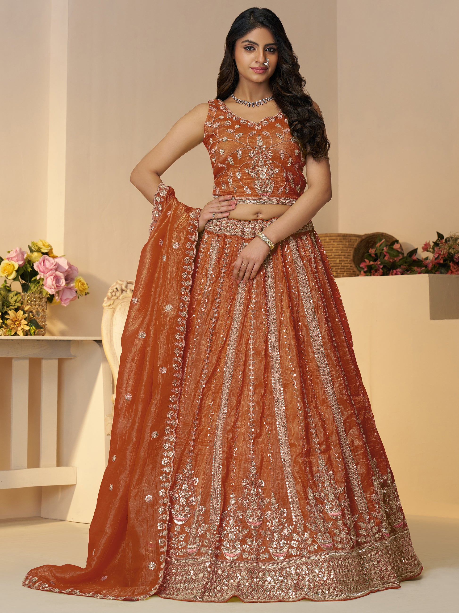 Fabulous Orange Zari Work Silk Engagement Wear Lehenga Choli