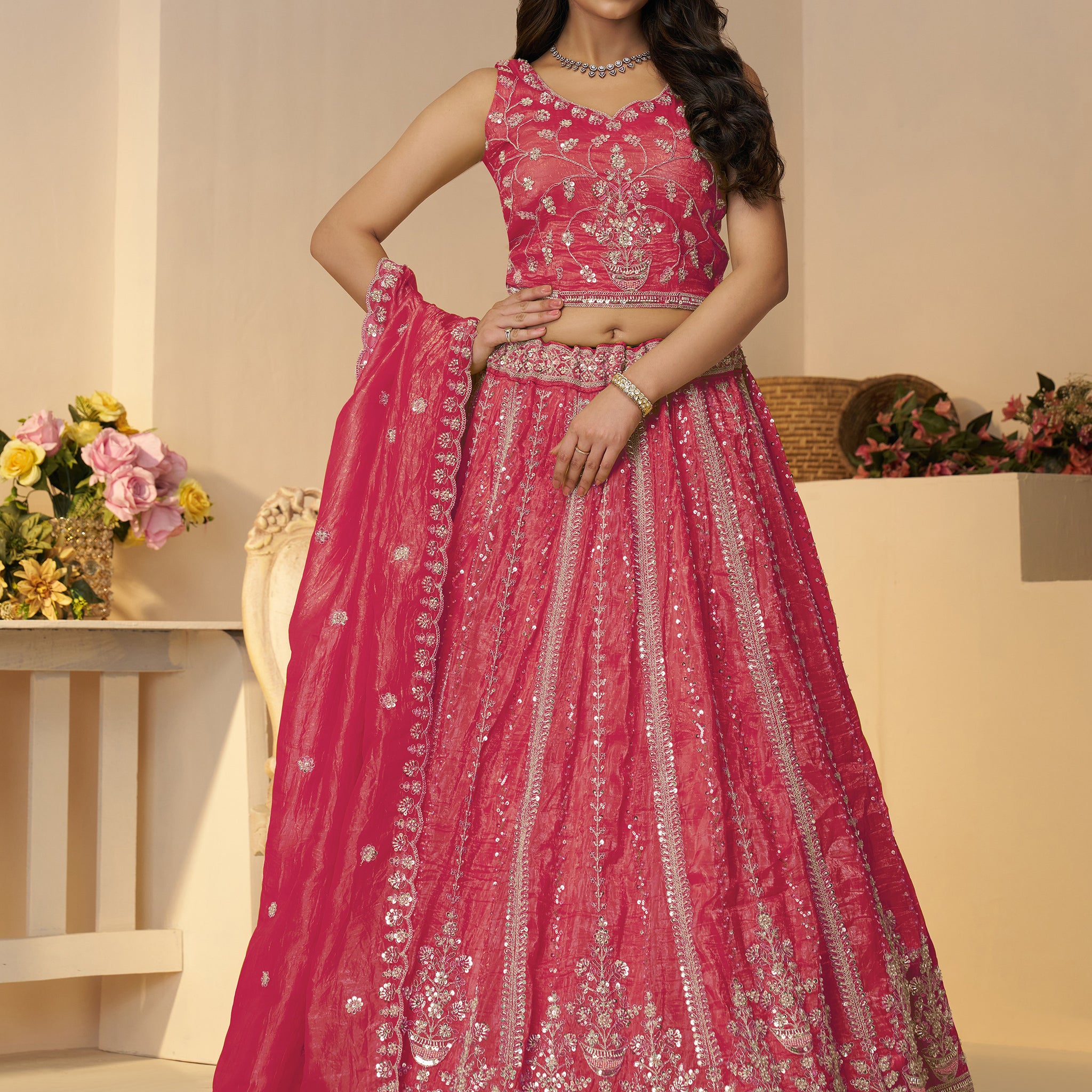 Wonderful Pink Sequins Silk Reception Wear Lehenga Choli With Dupatta