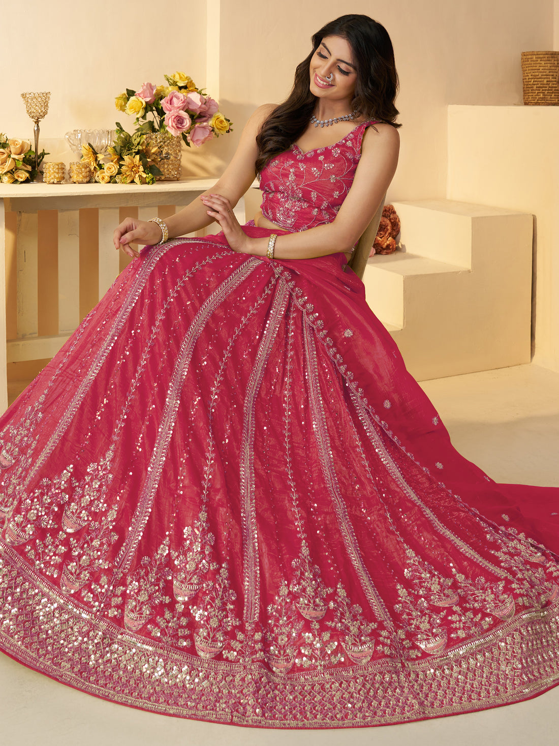 Wonderful Pink Sequins Silk Reception Wear Lehenga Choli With Dupatta